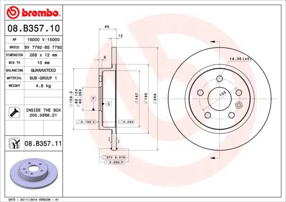 Brembo 08.B357.10 - Тормозной диск autosila-amz.com