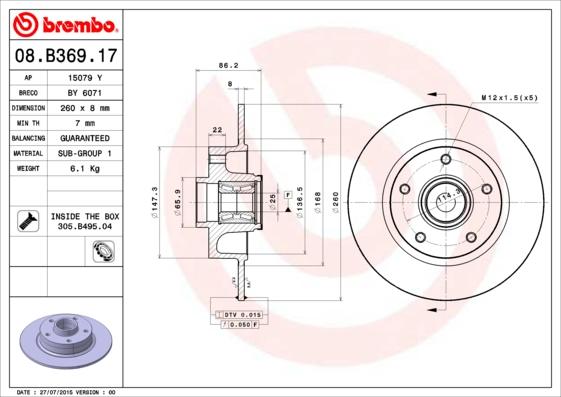 Brembo 08.B369.17 - Тормозной диск autosila-amz.com