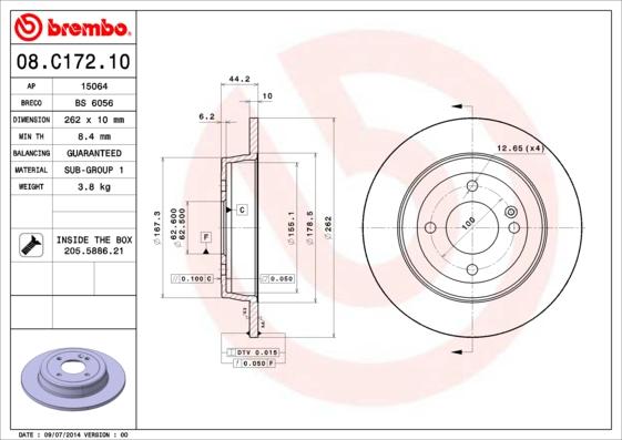 Brembo 08.C172.10 - 08.C172.10 диск тормозной задний!\ Hyundai Solaris, Kia Rio 1.1-1.6i/CRDi 10> autosila-amz.com