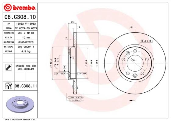 Brembo 08.C308.10 - Тормозной диск autosila-amz.com