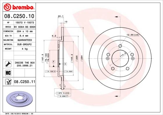 Brembo 08.C250.10 - Тормозной диск autosila-amz.com