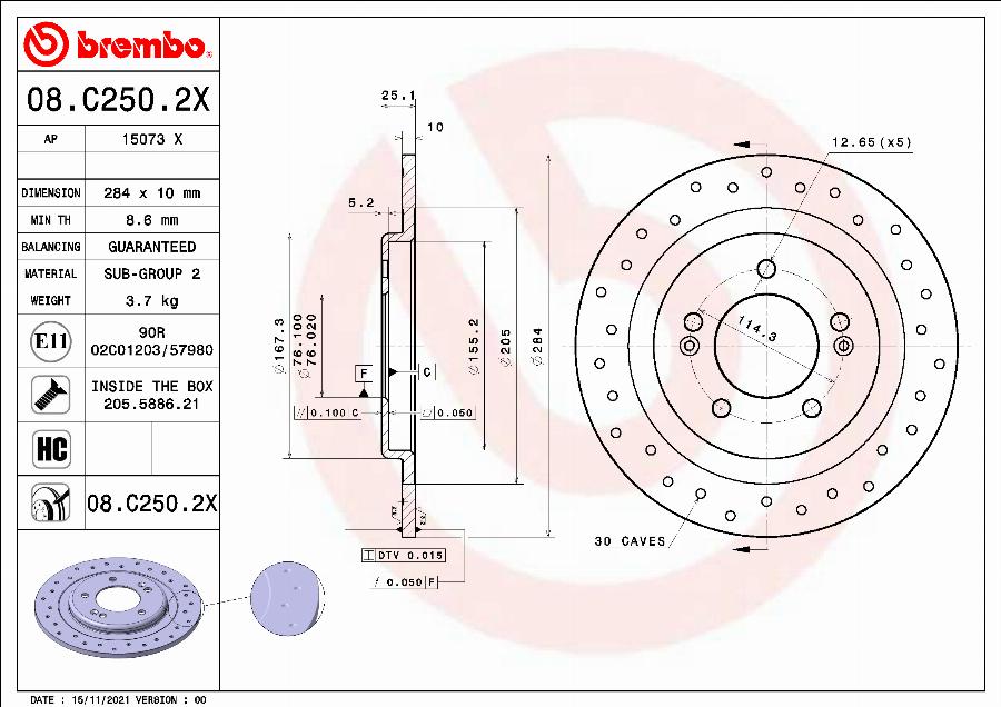 Brembo 08.C250.2X - Тормозной диск autosila-amz.com