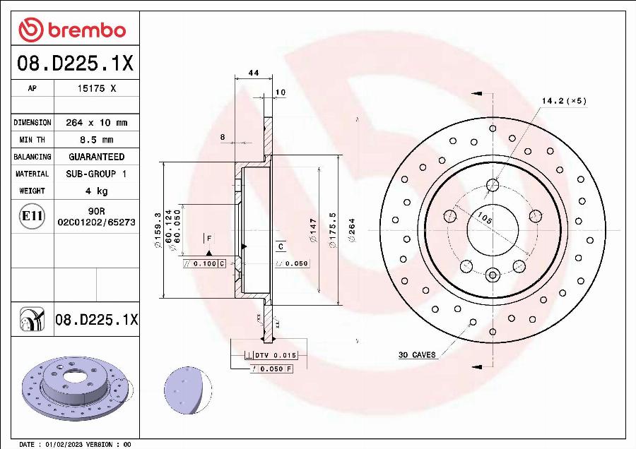 Brembo 08.D225.1X - Тормозной диск autosila-amz.com
