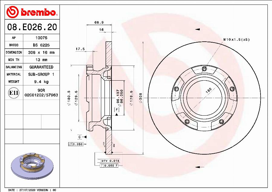 Brembo 08.E026.20 - Тормозной диск autosila-amz.com