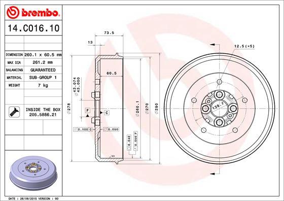 Brembo 14.C016.10 - Тормозной барабан autosila-amz.com