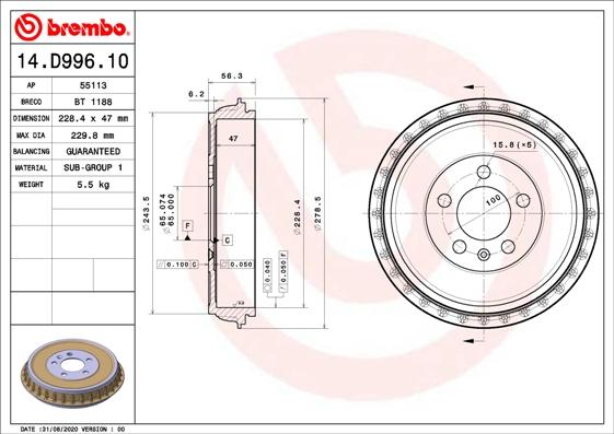 Brembo 14.D996.10 - Тормозной барабан autosila-amz.com