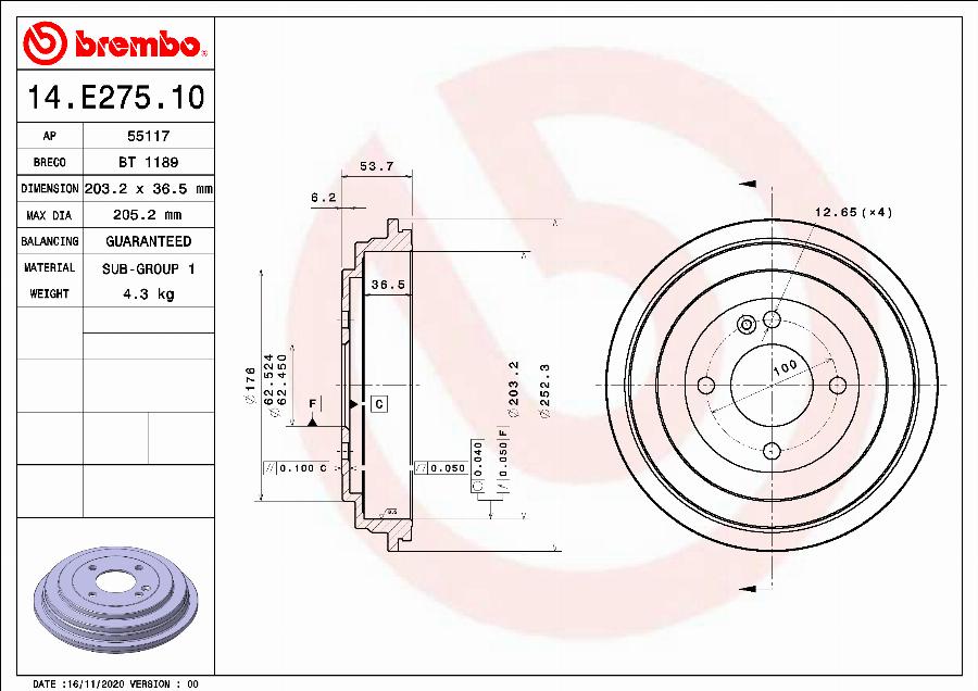 Brembo 14.E275.10 - Тормозной барабан autosila-amz.com