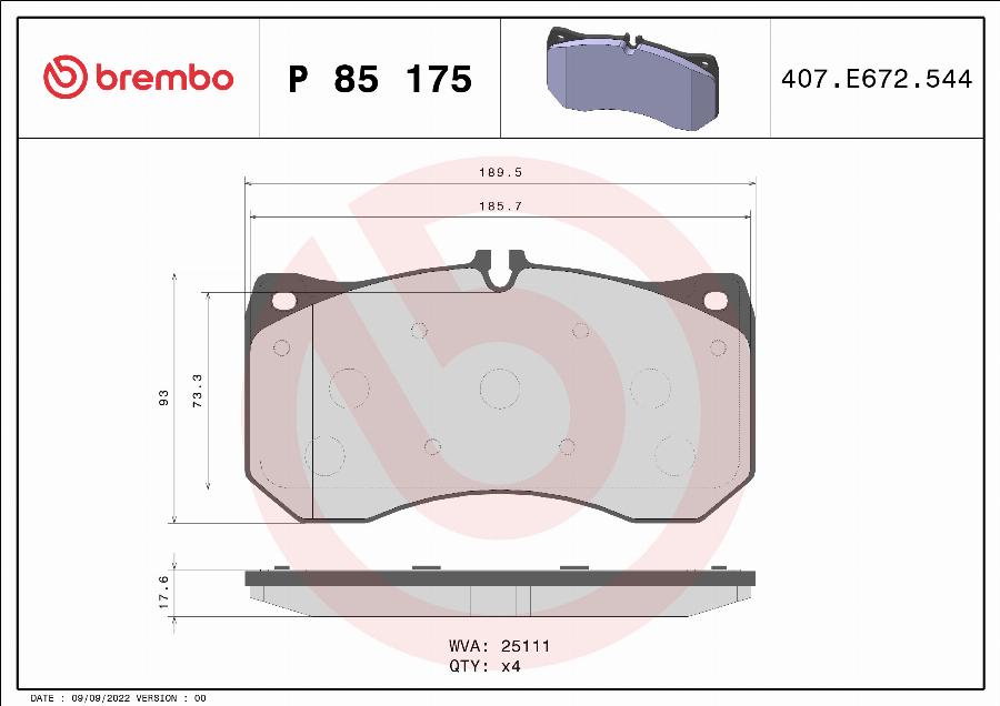 Brembo P 85 175 - Тормозные колодки, дисковые, комплект autosila-amz.com