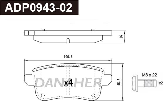 Danaher ADP0943-02 - Тормозные колодки, дисковые, комплект autosila-amz.com