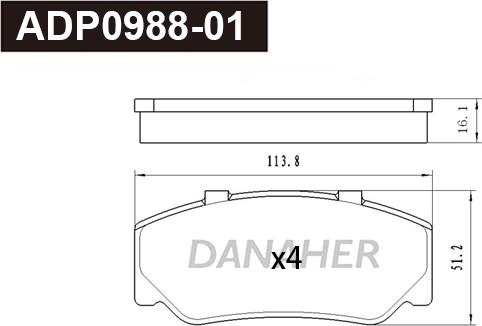 Danaher ADP0988-01 - Тормозные колодки, дисковые, комплект autosila-amz.com