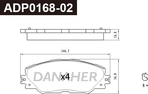 Danaher ADP0168-02 - Тормозные колодки, дисковые, комплект autosila-amz.com