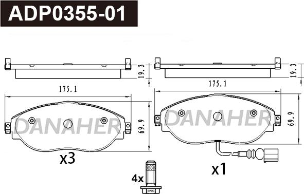 Danaher ADP0355-01 - Тормозные колодки, дисковые, комплект autosila-amz.com
