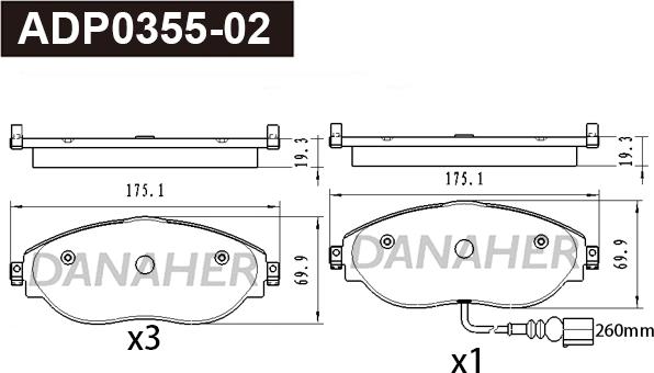 Danaher ADP0355-02 - Тормозные колодки, дисковые, комплект autosila-amz.com