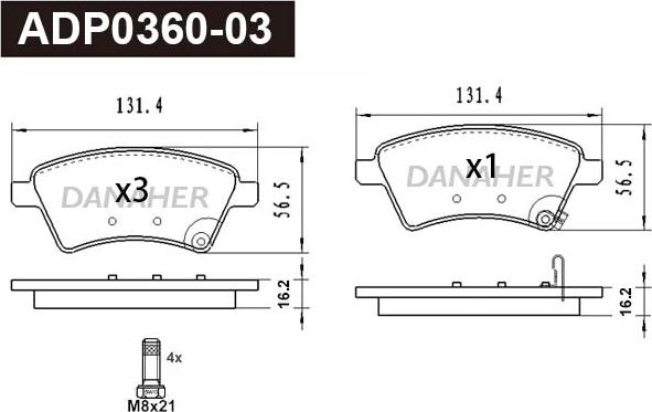 Danaher ADP0360-03 - Тормозные колодки, дисковые, комплект autosila-amz.com