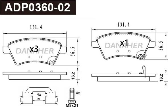 Danaher ADP0360-02 - Тормозные колодки, дисковые, комплект autosila-amz.com