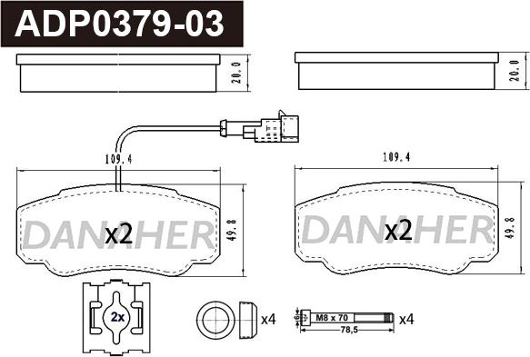 Danaher ADP0379-03 - Тормозные колодки, дисковые, комплект autosila-amz.com