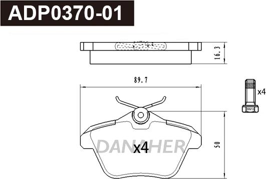 Danaher ADP0370-01 - Тормозные колодки, дисковые, комплект autosila-amz.com