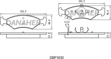 Danaher DBP1630 - Тормозные колодки, дисковые, комплект autosila-amz.com