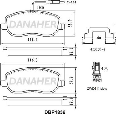 Danaher DBP1836 - Тормозные колодки, дисковые, комплект autosila-amz.com