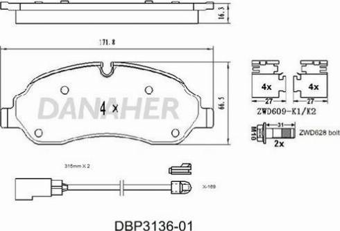 Danaher DBP3136-01 - Тормозные колодки, дисковые, комплект autosila-amz.com