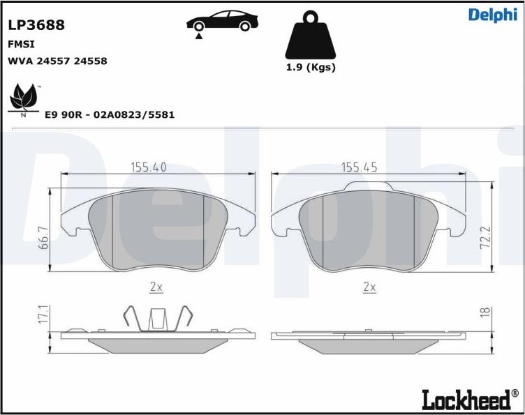 Delphi LP3688 - Тормозные колодки, дисковые, комплект autosila-amz.com