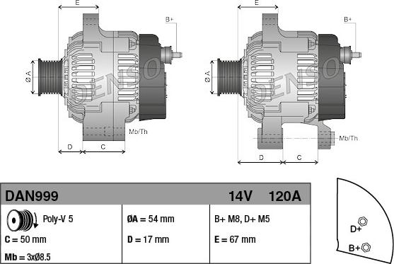 Denso DAN999 - генератор! 120A\ Fiat 500/Punto/Doblo/Idea, Ford Kuga, Lancia Musa/Ypsilon 1.2/1.4i 03> autosila-amz.com