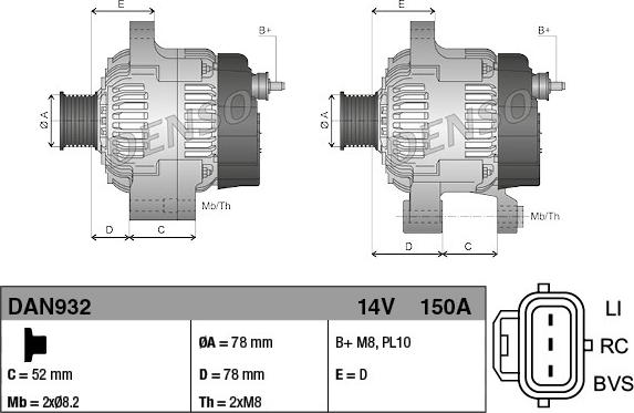 Denso DAN932 - Генератор (14V, 150A) FORD C-MAX, FOCUS C-MAX, FOCUS II 1.8D 07.04-09.12 autosila-amz.com