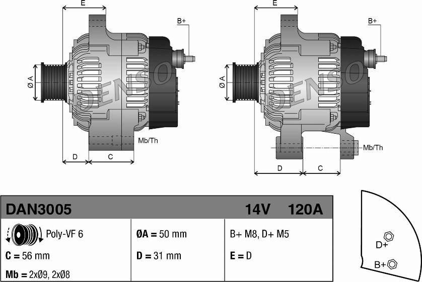 Denso DAN3005 - Alternator (14V, 120A) fits: MERCEDES C T-MODEL (S202), C (W202), E T- autosila-amz.com