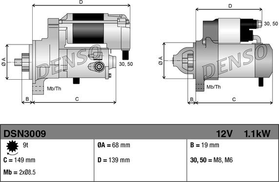 Denso DSN3009 - Starter (12V, 1,1kW) fits: CHEVROLET AVEO / KALOS, CRUZE, LACETTI, LANOS, NUBIRA, REZZO DAEWOO ESPER autosila-amz.com