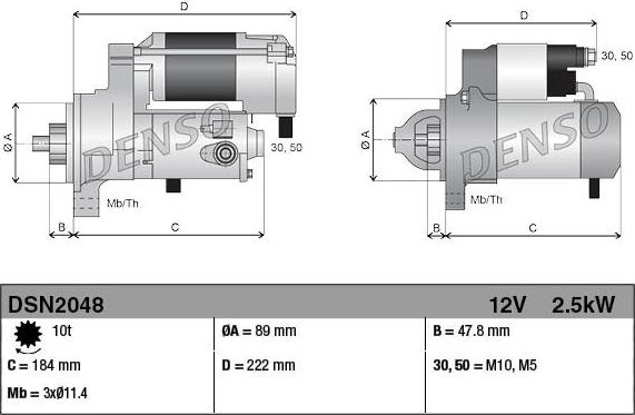 Denso DSN2048 - Стартер Caterpillar, Jonh Deere (2.5 KW, 12V, з.-10, в.-по/чс., d89mm., OE) autosila-amz.com