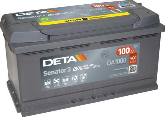 DETA DA1000 - Аккумуляторная батарея 100Ah DETA SENATOR3 12 V 100 AH 900 A ETN 0(R+) B13 353x175x190mm 23.3kg autosila-amz.com