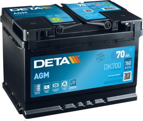 DETA DK700 - Аккумуляторная батарея 70Ah DETA Start-Stop AGM 12 V 70 AH 760 A ETN 0(R+) B13 278x175x190mm 20.9kg autosila-amz.com