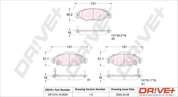 Dr!ve+ DP1010.10.0034 - Тормозные колодки, дисковые, комплект autosila-amz.com