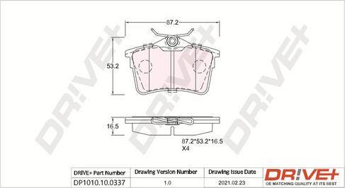 Dr!ve+ DP1010.10.0337 - Тормозные колодки, дисковые, комплект autosila-amz.com