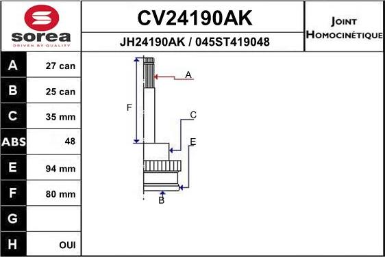 EAI CV24190AK - Шарнирный комплект, ШРУС, приводной вал autosila-amz.com