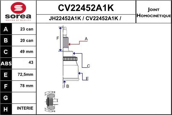 EAI CV22452A1K - Шарнирный комплект, ШРУС, приводной вал autosila-amz.com
