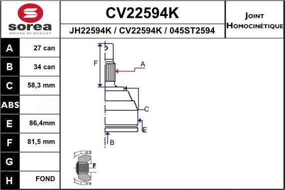 EAI CV22594K - Шарнирный комплект, ШРУС, приводной вал autosila-amz.com