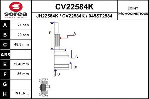 EAI CV22584K - Шарнирный комплект, ШРУС, приводной вал autosila-amz.com