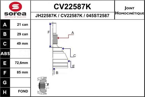 EAI CV22587K - Шарнирный комплект, ШРУС, приводной вал autosila-amz.com