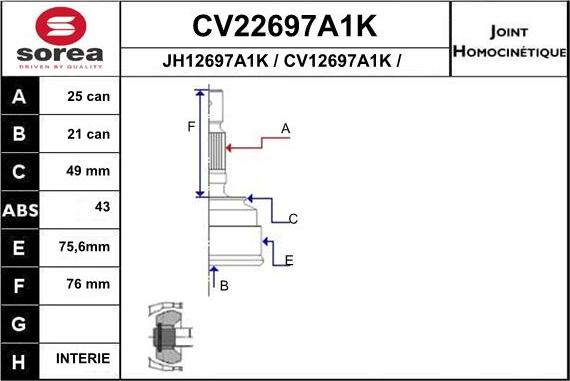 EAI CV22697A1K - Шарнирный комплект, ШРУС, приводной вал autosila-amz.com
