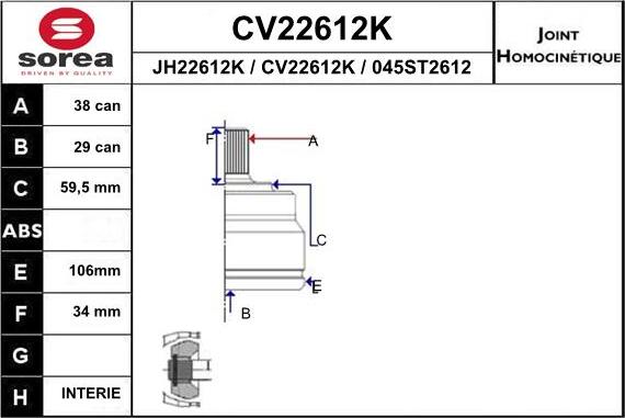 EAI CV22612K - Шарнирный комплект, ШРУС, приводной вал autosila-amz.com