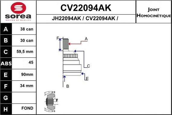 EAI CV22094AK - CV22094AK_ШРУС наружный к-кт! 38x30 ABS 45\ Audi 100 2.0/2.3/2.6 90-94/A6 2.0/2.3/2.6 94 autosila-amz.com