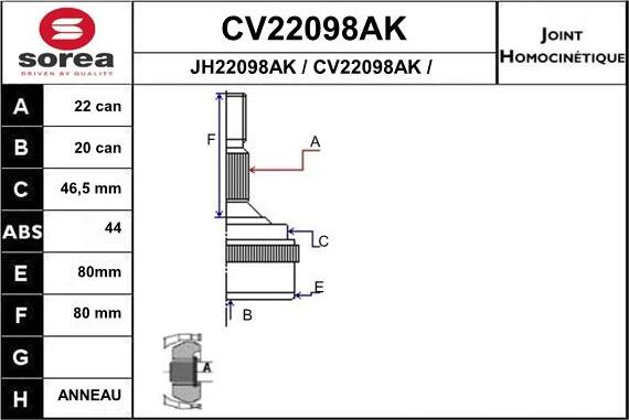 EAI CV22098AK - Шарнирный комплект, ШРУС, приводной вал autosila-amz.com