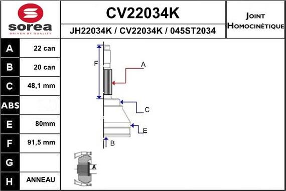 EAI CV22034K - Шарнирный комплект, ШРУС, приводной вал autosila-amz.com