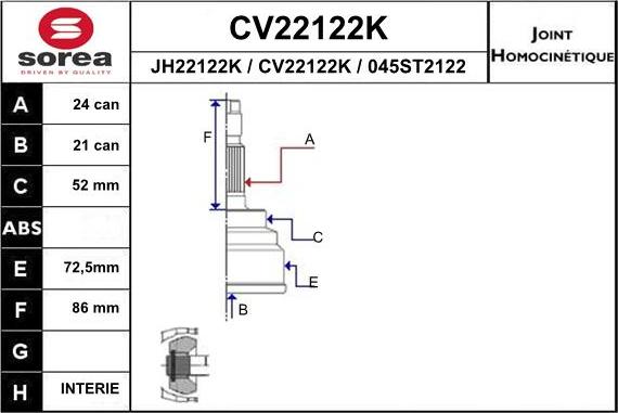EAI CV22122K - Шарнирный комплект, ШРУС, приводной вал autosila-amz.com