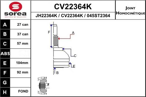 EAI CV22364K - Шарнирный комплект, ШРУС, приводной вал autosila-amz.com