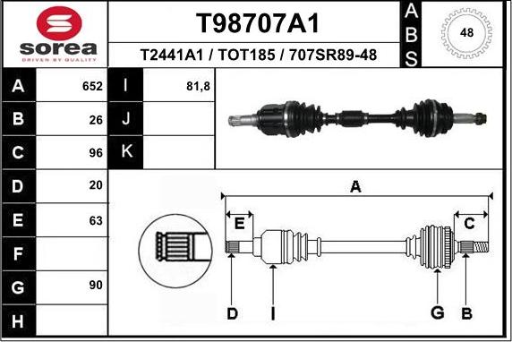 EAI T98707A1 - привод передний левый! 652 мм АВS\ Toyota Avensis Break 1.8 autosila-amz.com
