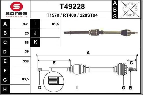 EAI T49228 - Приводной вал правый 931mm Megane 02-10 2.0 с ABS МКПП/АКПП autosila-amz.com