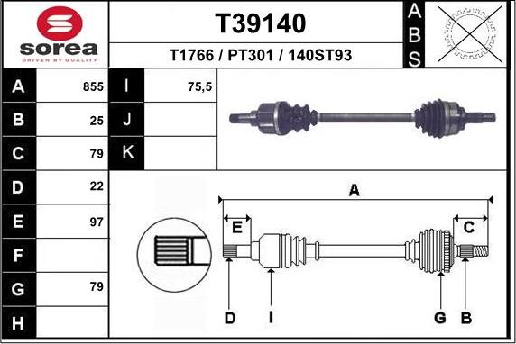 EAI T39140 - Полуось правая PSA 207 (1.6 МКПП) autosila-amz.com