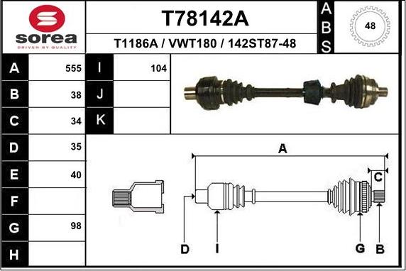 EAI T78142A - привод правый! 555mm ABS\ Seat Alhambra, VW Sharan 1.8T/2.0/1.9TDi 96> autosila-amz.com